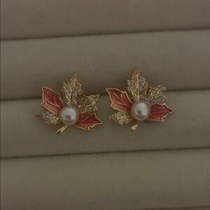 Canada Maple Leaf Pearl Earrings, Red Enamel Stud Cute Fall Jewelry